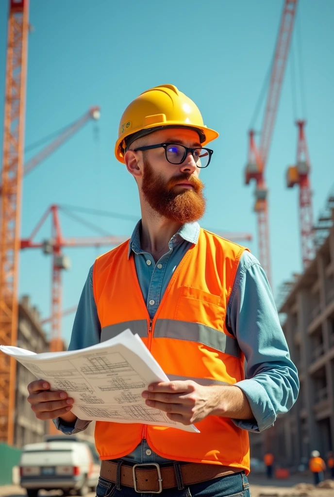 make a bearded red-haired man, bald with little hair, wearing glasses and with one eye closed like a civil engineer, very skinny, with an engineer's helmet