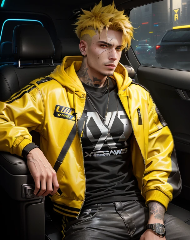A man sits in the back seat of a car with his luggage, In a Cyberpunk 2 jacket 0 7 7, yellow clothes, yellow and black, black and yellow, Mad Max jacket, black and yellow colors, Anton Fadeev style, In a yellow hoodie, Sam Crow in a leather jacket, Yellow tint, king in yellows, In a modern yellow t-shirt