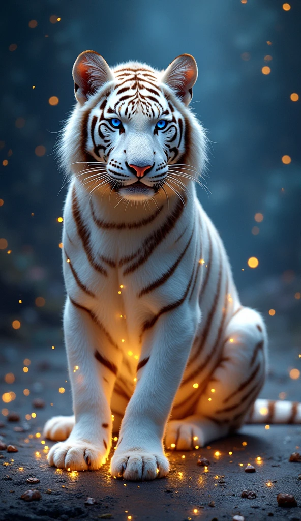 White Tiger,Fantastic fantasy,Glowing in gold,Moody Color,Golden glitter background,Sitting