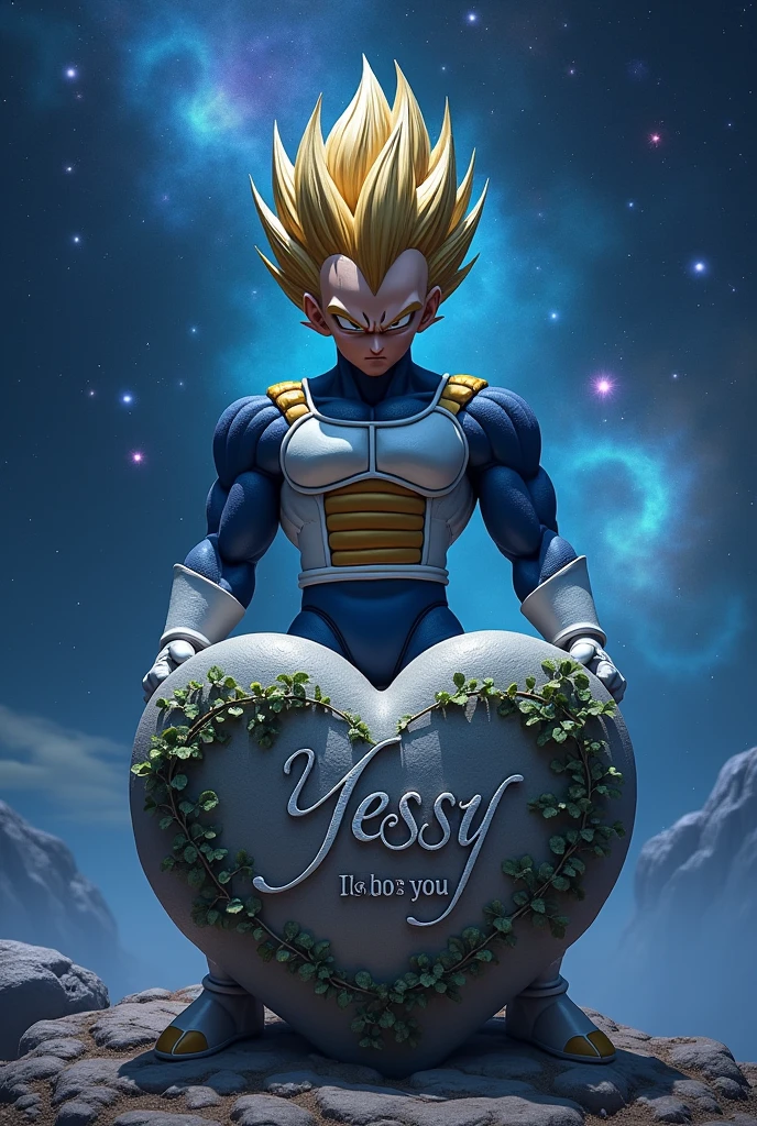 Vegeta with a heart carved with the name Yessy and an I love you 