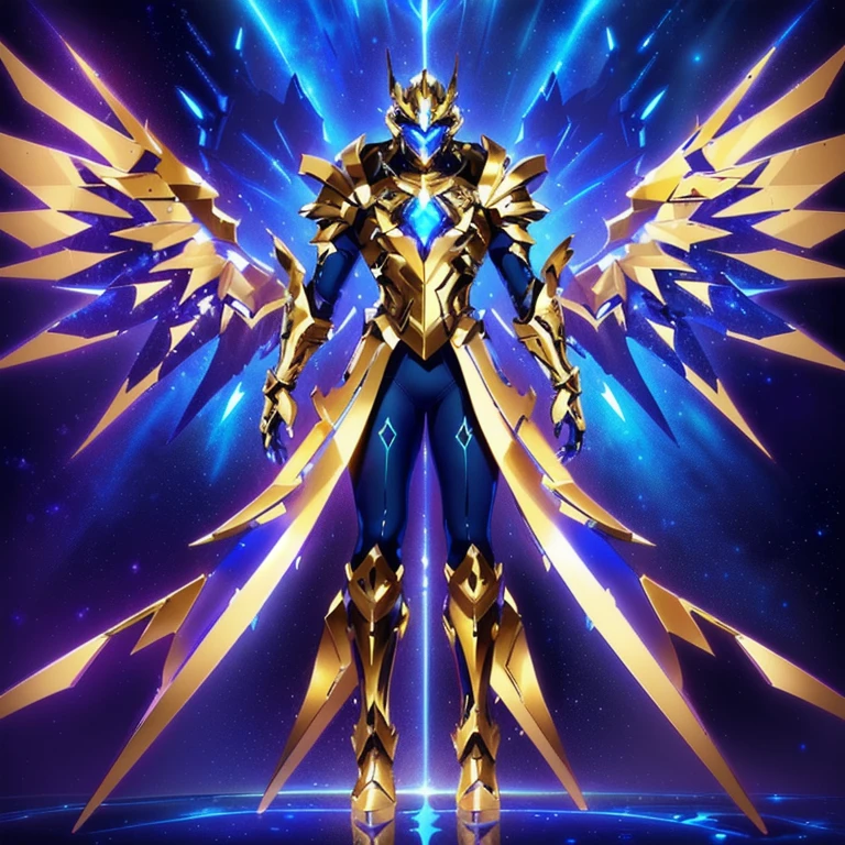Mostre o capacete que esta na imagem e faça um 90% semelhante.. The image presents a highly detailed and futuristic armor designed for a male warrior. The armor combines elements from different parts to create a cohesive and powerful look.
Helmet: The helmet features a sleek, aerodynamic design with a golden metallic finish. It has a central crest that rises upwards, and the visor glows with a bright blue light, giving it a high-tech, futuristic appearance.
Pauldrons (Shoulder Pads): The shoulder pads are large and wing-like, curving outward and upward, with a polished golden finish. These pads extend slightly beyond the shoulders and include a sleek, angular design, providing both a majestic and powerful look.
Chest Plate: The chest plate is intricately segmented, with a combination of gold and dark metallic blue. It has a gem-like crystal in the center that emits a soft, mystical glow. The design of the chest plate is both protective and regal, with sharp, angular lines that add to the overall futuristic aesthetic.
Arm Guards: The arm guards are sleek and streamlined, with articulated golden and purple segments that offer flexibility and protection. The design of the gauntlets is both robust and elegant, incorporating futuristic elements that blend with the classic style.
Leg Armor: The legs are armored with segmented plates that are primarily gold and purple. The boots are angular and sturdy, with a design that conveys both strength and agility. The overall look of the leg armor is grounded yet sleek, completing the ensemble with a powerful stance.
The background of the image is a dark cosmic scene, filled with distant stars and nebulae that highlight the polished surfaces of the armor. Dynamic lighting is used to emphasize the key features, particularly the glowing visor and central chest gem, reinforcing the mystical and imposing nature of the warrior.