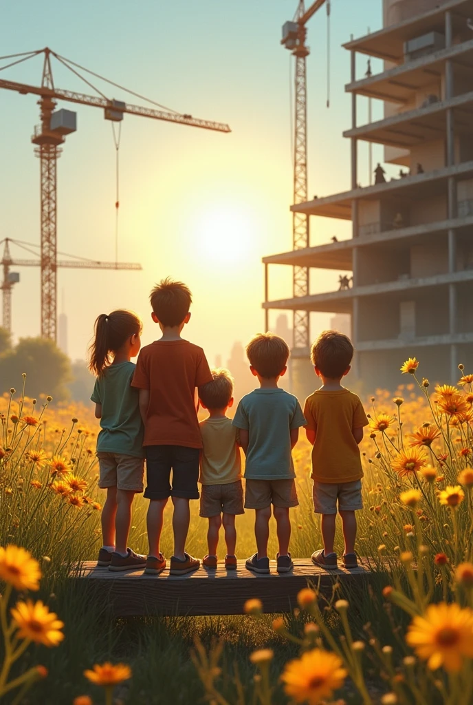 Divide 2 part 

1st part childrens missing father becouse father want to construction work 

2nd part father thinking childrens 

Landscape size