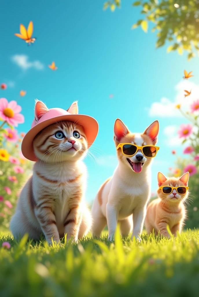 Create a cat wearing a pink hat, create a dog wearing yellow sunglasses, create an another cat that wears shoes