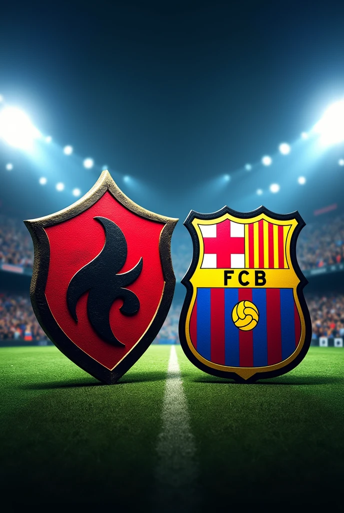 I want an image that is the Flamengo shield against the Barcelona shield, a video cover where these two football teams will play against each other. Make a very creative cover, if you want to put the names of the two teams, you can.