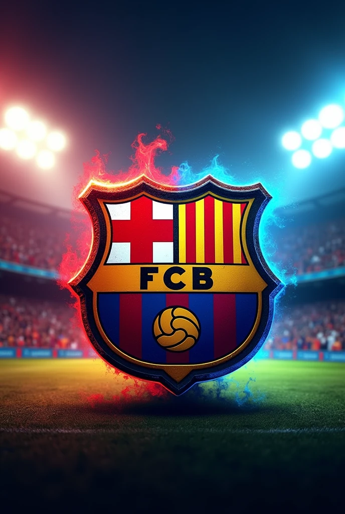 I want an image that is the Flamengo shield against the Barcelona shield, a video cover where these two football teams will play against each other. Make a very creative cover, if you want to put the names of the two teams, you can.