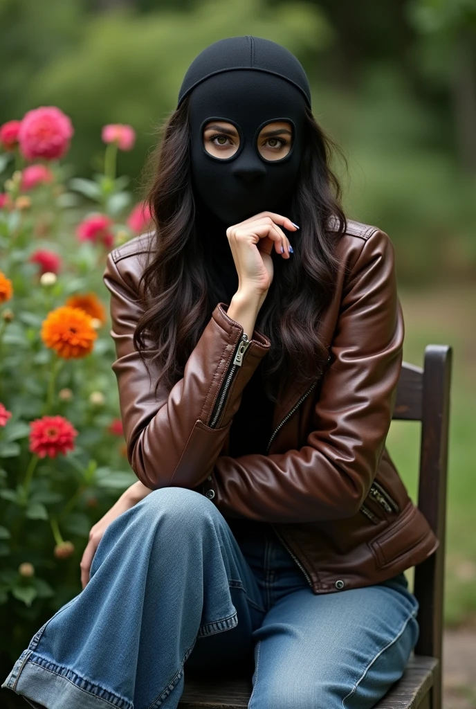 completely hidden face misterious white arabic woman wearing 2 eye holes black ski mask covering mouth and nose, without hair, brown biker leather jacket, wide leg denim pants, sitting on the chair on the garden, high hills sandals, crossing legs, hand under chin, crossing arms