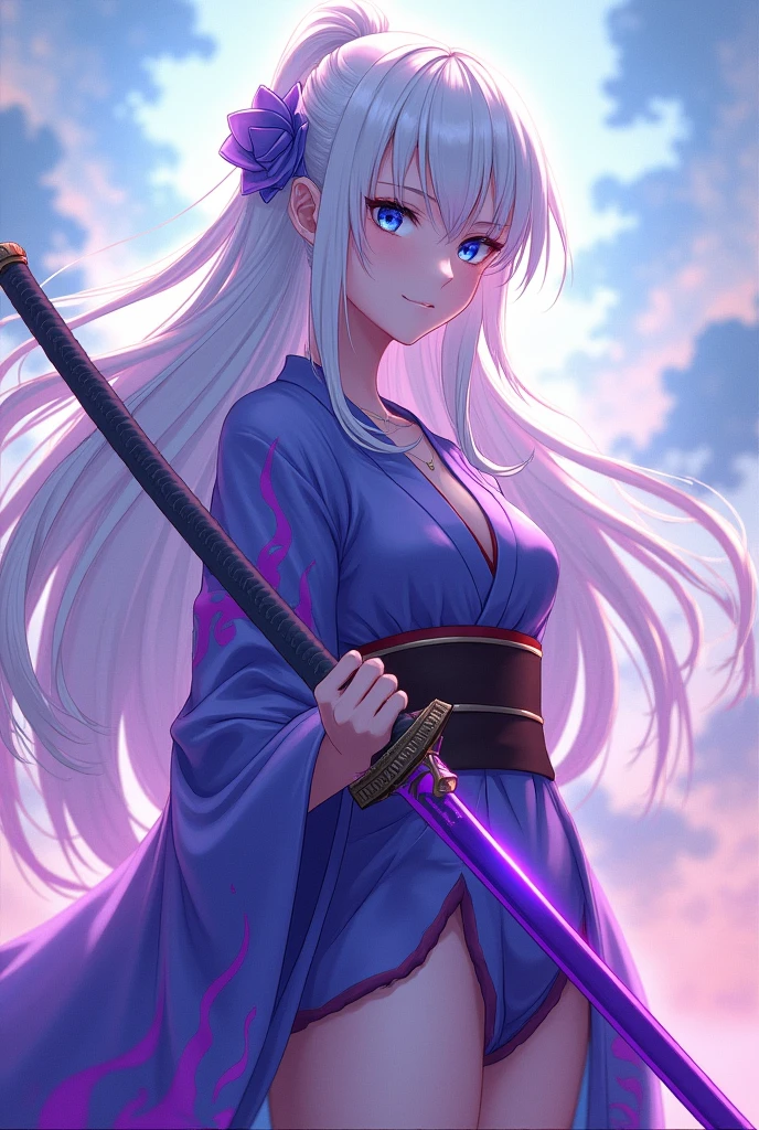 A young woman with white hair with blue tips and purple streaks, one blue eye and one purple eye, extremely beautiful with hips and waist but almost no breasts, wearing a haori with purple flames, a small scar on her face, and a purple katana, in a uniform reminiscent of Sanemi and Mitsuri's. Full body, facing forward, from the anime Demon Slayer. AND ANIME