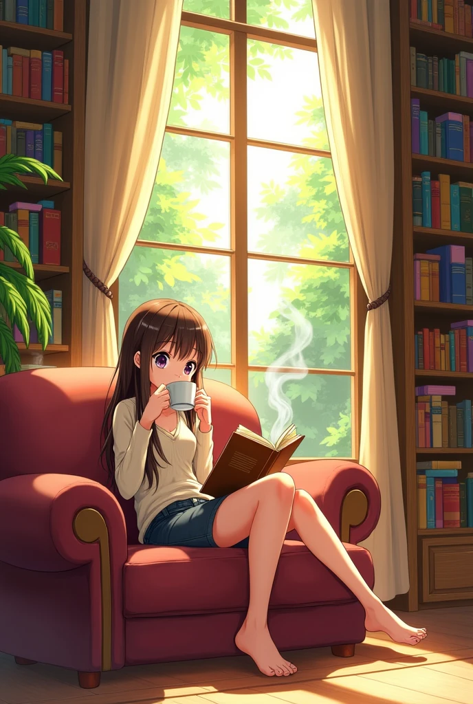 Anime girl, drinking coffee and reading on a couch with her feet up in a beautiful living room with large book shelves and windows with nature in the back ground in anime style