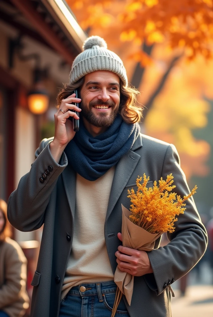 A smiling Jesus Christ holding a bouquet of osmanthus. Jesus holds a mobile phone to his ear. he is shining He is smiling and happy. Jesus is wearing a gray coat over an off-white knit top, jeans, and a knit hat. He is wearing a dark blue muffler. Jesus of Nazareth is depicted as a gentle, gentle man with shoulder-length hair. His wavy brown hair flows over his shoulders. His face conveys deep wisdom and empathy, radiating warmth and understanding. Autumn in Japan. Osmanthus buds and blooms. In the background, you can see a woman sitting on the terrace of a cafe. Japanese Autumn Photography, Highly Detailed, Trending at Art Station, Sharp Focus, Studio Shot, Intricate Details, Greg Rutkowski,