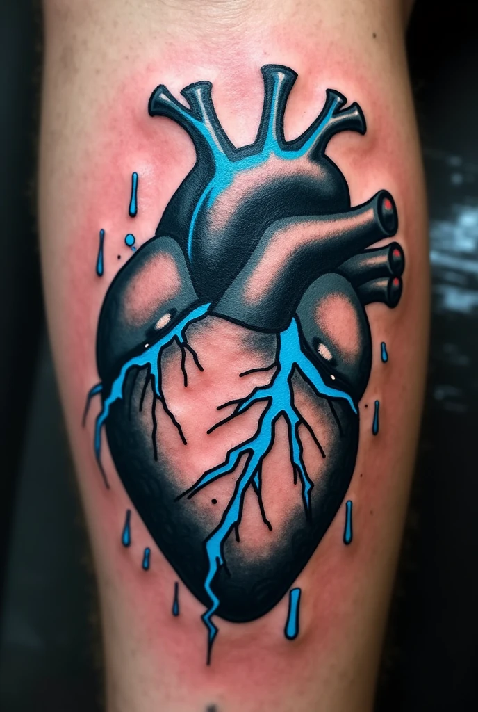 Real heart tattoo in black and white with blue electric rays piercing through it