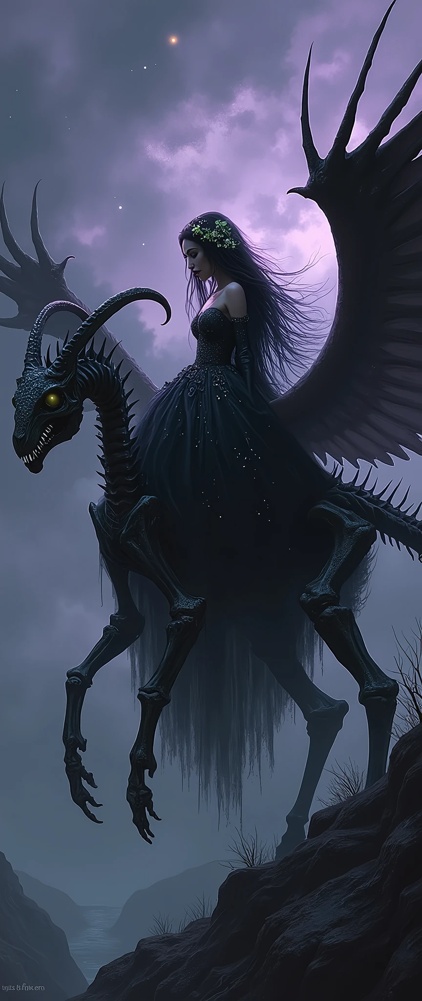 A hauntingly beautiful digital painting of a witch-like woman astride a skeletal, winged beast in a surreal, shadowy realm. Her long, ebony hair, woven with delicate, luminescent flowers, cascades over her ornate, flowing gown that seems to shimmer with an eerie glow. The creature beneath her is a marvel of intricate bone structures, its wings outstretched as if to take flight. The backdrop is a twisted dreamscape, where gnarled trees reach out like spectral hands, and the sky is a swirling mix of deep purples and stormy grays, punctuated by faint, otherworldly lights. The atmosphere is steeped in gothic mysticism, evoking a sense of dark enchantment.