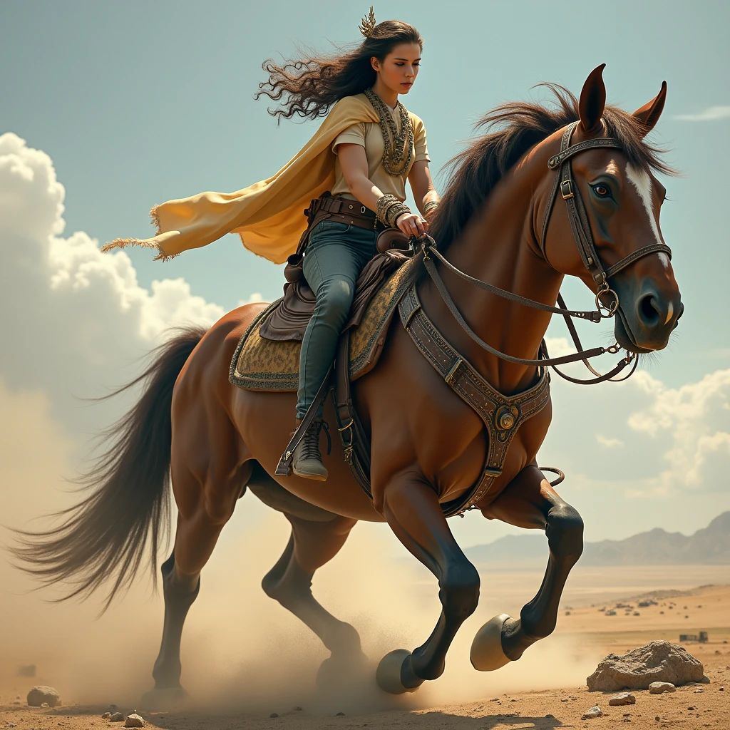 ((Best quality)), ((masterpiece)), (detailed), a beautiful girl riding a beast, A post-apocalyptic backdrop