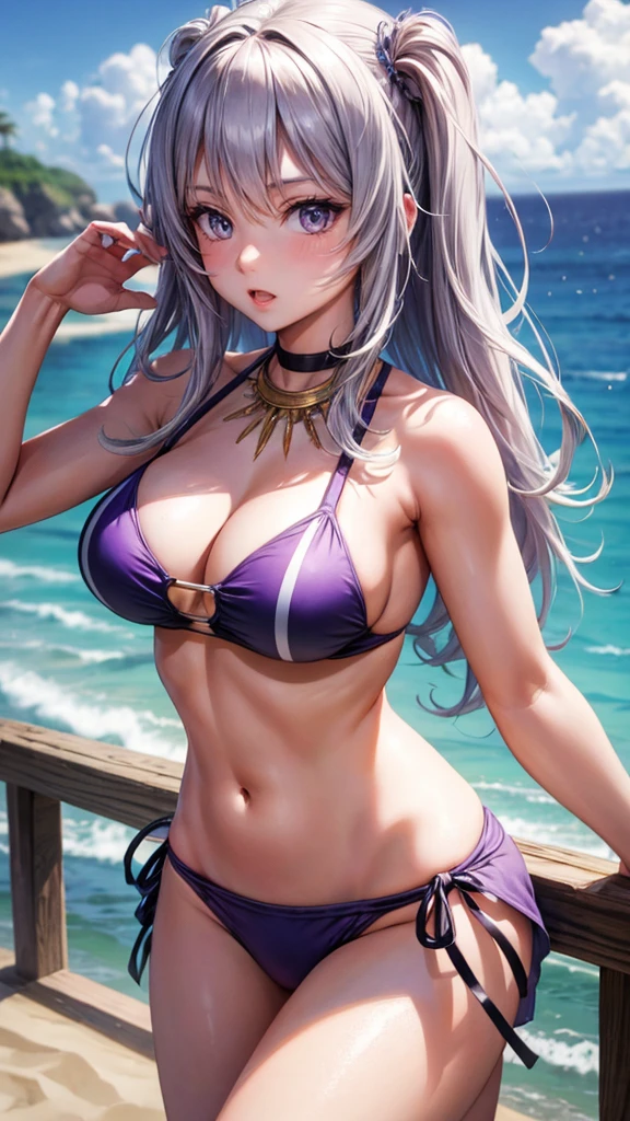1 Girl,high resolution,  high quality,  masterpiece, Halter swimsuit，Bikini，  Bare shoulders, Purple Eyes, Weaving, Shock, beach，Large Breasts
