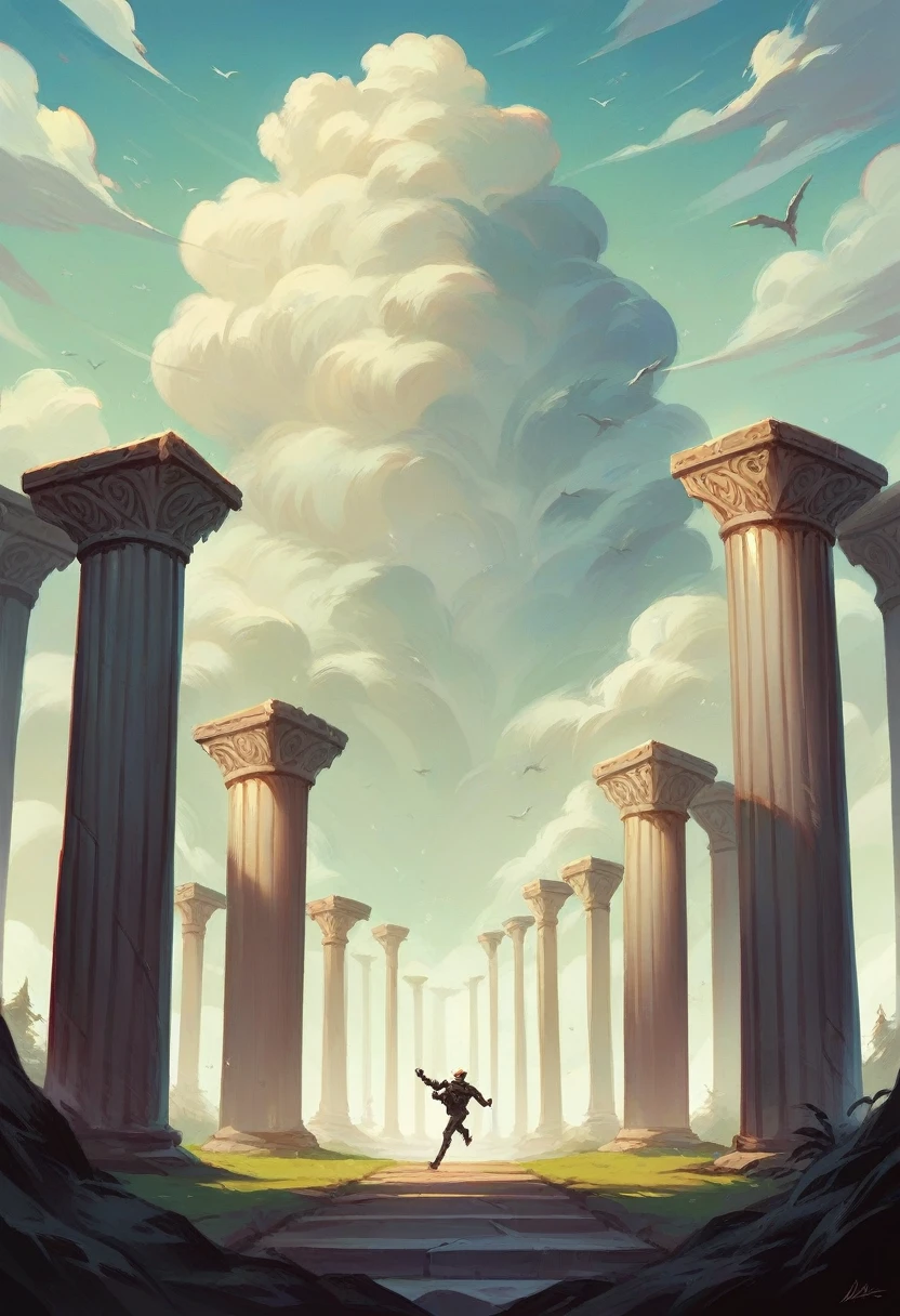 A girl with black tied hair, He's wearing a tight black leather suit, He's running with his companions over some rock pillars, There are many clouds and fog, and there are many trees around him, the atmosphere is gray and gives off an aura of mystery.