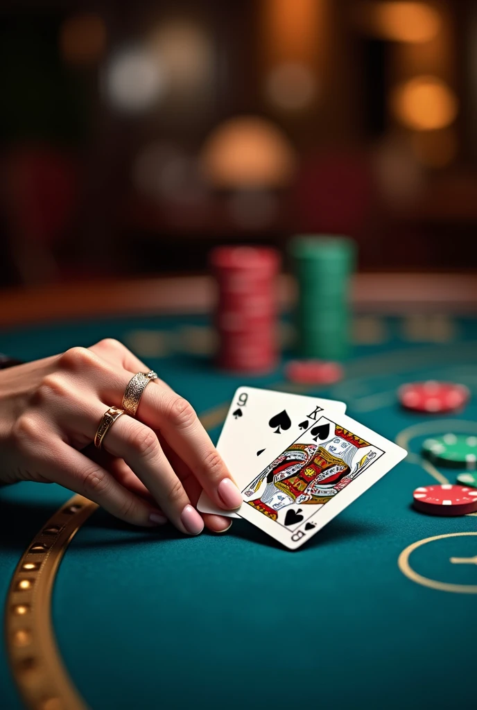 Side view shows a woman's hand holding a 9 of Spades and a King of Spades at a baccarat table. There are a lot of chips next to it. Blue and gold tone. Close-up. High definition.