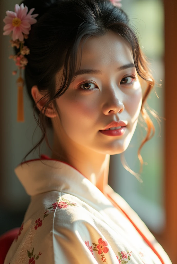 An elegantly dressed Japanese woman in natural light、A close-up of her chest and calm expression.、It shows her inner peace and outer charm.。