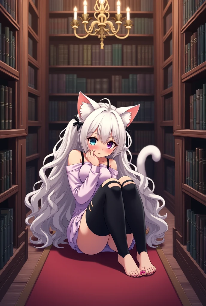 ((best quality)), ((masterpiece)), (detailed), ((highres)), In lavish manor library, laying in books, long curly white pig tails. Fluffy white cat ears. Long white cat tail on butt, 1catgirl, 20 year old, Curvy body, shy, timid, scared, nervous, Blushing. Lewd, naked. Heterochromatic eyes, one teal eye, one purple eye. No shoes. No socks, black ripped thigh high leggings with pink pawpads on feet,
