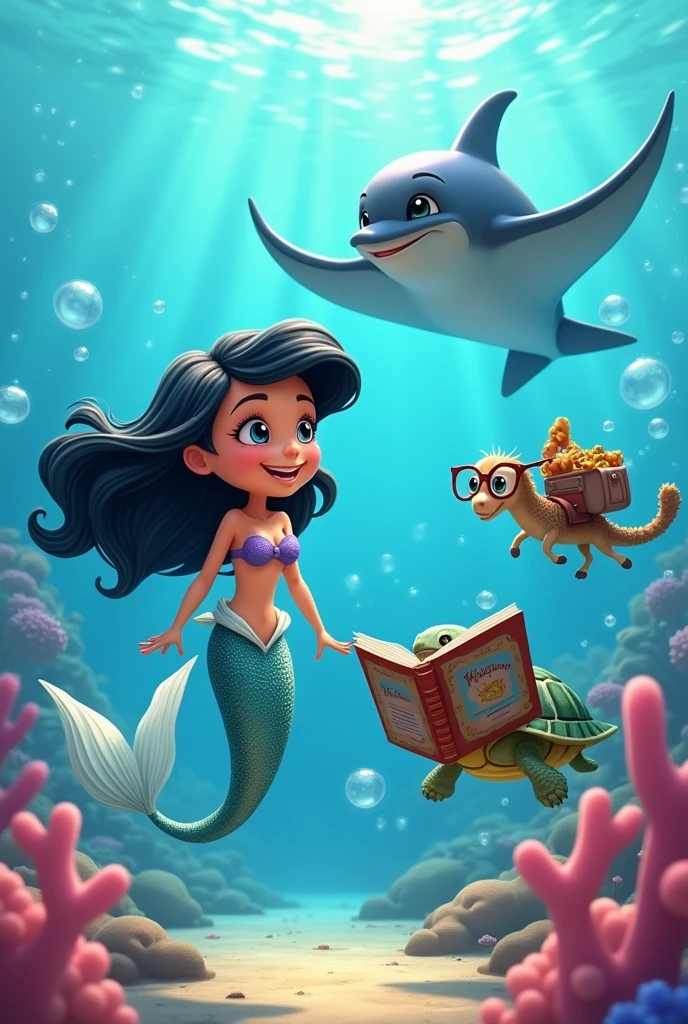 cartoon animation of a very cheerful little mermaid with black hair and a silver tail, cheerful next to a sea turtle with glasses and a book, including a small seahorse with a leash around its neck, a cheerful dolphin with a backpack on its back and behind it a large manta ray, Everyone is at the bottom of the sea

