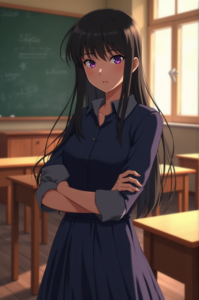 Jujutsu Kaisen, Black haired teenage girl , short ,lilac eyes, with the sorcerer's outfit, which is a navy blue shirt with sleeves and a knee-length skirt , in a class room