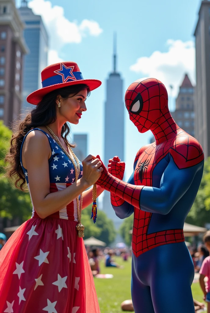 Mrs america tying the rakhi on spiderman's hand