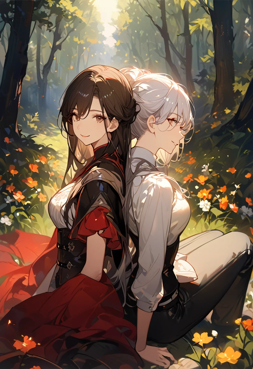 masterpiece, 2 female, back to back, backing each other, backing, dark brown hair, long hair, brown eyes, smiling gently, look away, white shirt, shirt by the shoulder, leather corset, black long pants, sitting, 1 female on the background, white long hair on the background, black clothes with red cape, face slightly facing up, flower field, forest background, camera pov from above slightly to the side, only showing black hair female face, white hair female on the back, 8k ,4k , best quality, high quality, masterpiece, embroidery  clothes, big chest, all kind of hairstyle, inspired by Asukaziye artist : ask, art style : ask