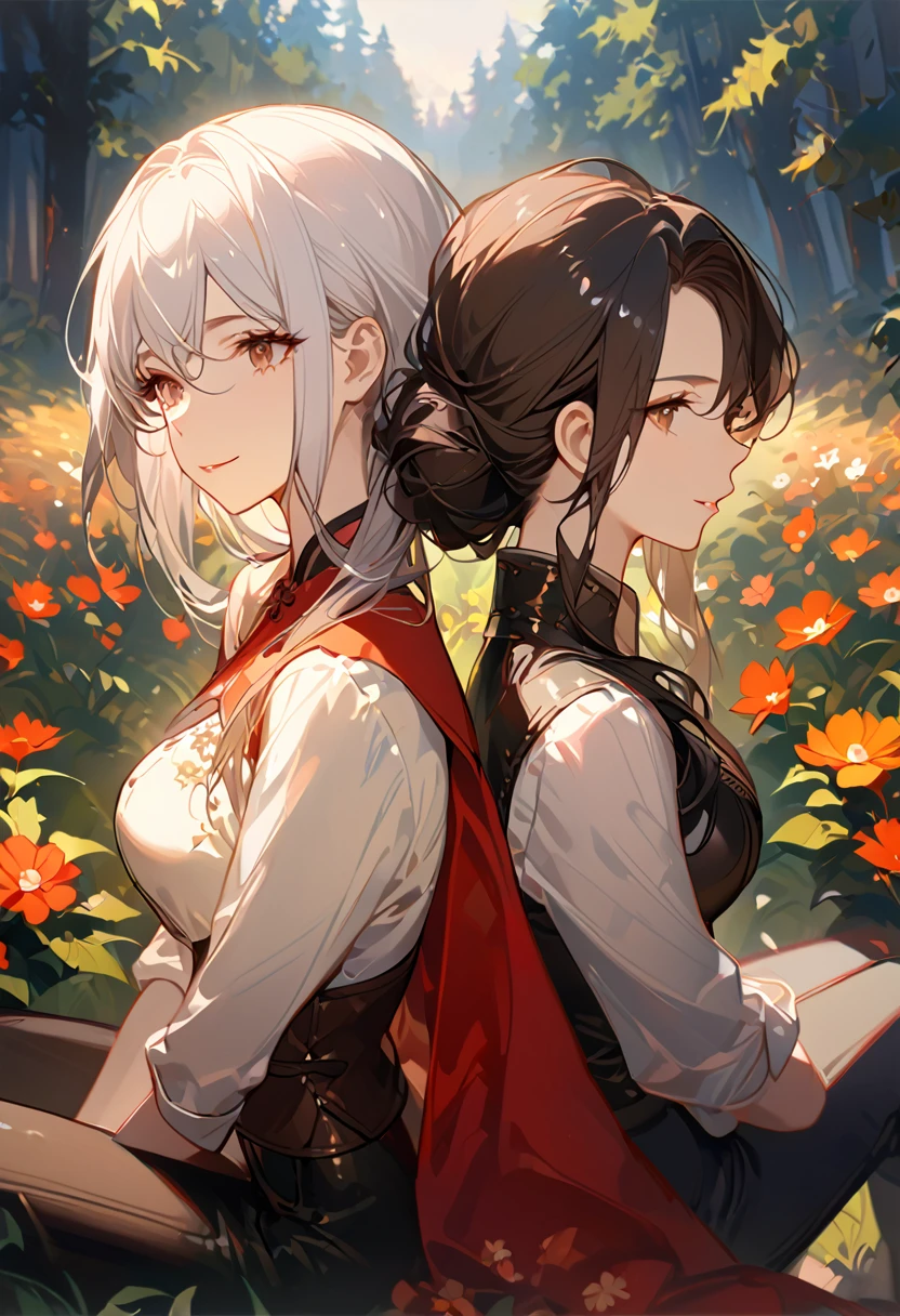masterpiece, 2 female, back to back, backing each other, backing, dark brown hair, long hair, brown eyes, smiling gently, look away, white shirt, shirt by the shoulder, leather corset, black long pants, sitting, 1 female on the background, white long hair on the background, black clothes with red cape, face slightly facing up, flower field, forest background, camera pov from above slightly to the side, only showing black hair female face, white hair female on the back, 8k ,4k , best quality, high quality, masterpiece, embroidery clothes, big chest, all kind of hairstyle, inspired by Asukaziye artist : ask, art style : ask