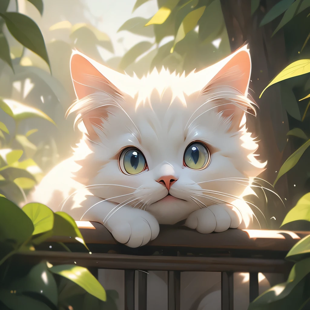 there is a white cat that is peeking out of a tree, a picture by Niko Henrichon, featured on reddit, photorealism, looking up at the camera, looking up at camera, looking at camera!!!, looking into the camera, i see you, looking into camera, looking down at you, cats and plants, curious expression, staring at you