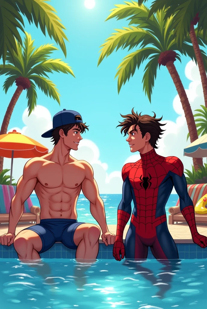 Tim Drake and Peter Parker at the pool in tight swimsuits