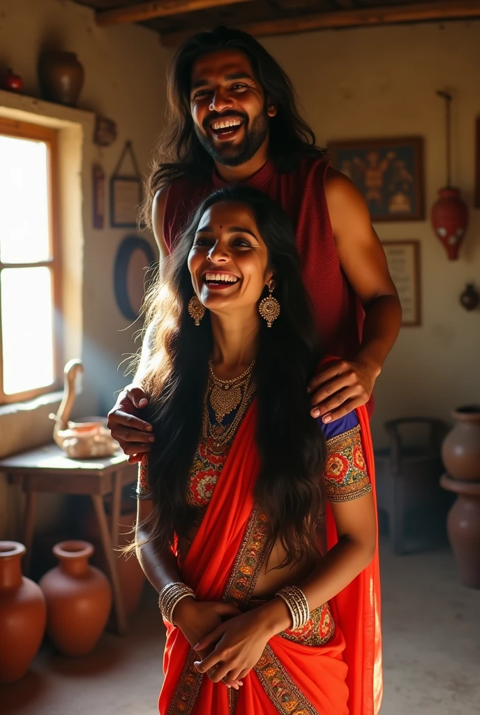 A smiling and beautiful indian woman lifting and carrying a stout man on her shoulders, man is sitting on woman's shoulders, in a village room