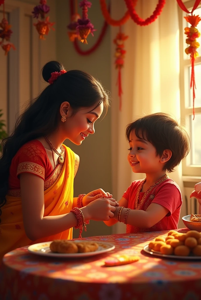 In many cultures, the act of a sister tying a Rakhi around her brother's wrist symbolizes the bond and commitment between siblings. The significance of this ritual is even more profound when both individuals are visibly moved by the tradition. The smile on the brother's face could indicate his appreciation and devotion towards his sister, while her serene and beautiful expression reflects her love and care for him. This moment captures the essence of familial love and respect, showcasing a deep connection that transcends words. As professionals in any field, it is important to recognize and uphold the value of strong family ties, as they contribute to the well-being and support system of individuals in society.