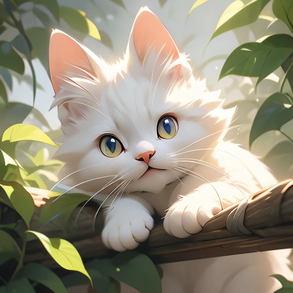 there is a white cat that is peeking out of a tree, a picture by Niko Henrichon, featured on reddit, photorealism, looking up at the camera, looking up at camera, looking at camera!!!, looking into the camera, i see you, looking into camera, looking down at you, cats and plants, curious expression, staring at you