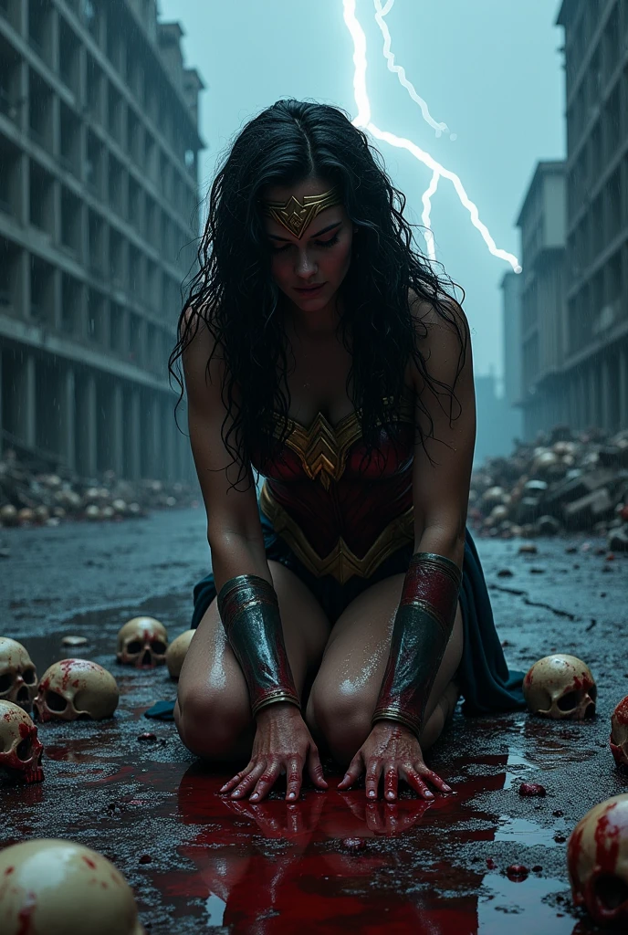 Wonder Woman kneeling, screaming, exhausted after a battle in a dark, apocalyptic, rainy city. Skulls in the blood, hair and body wet with blood. Strong and bloody images.