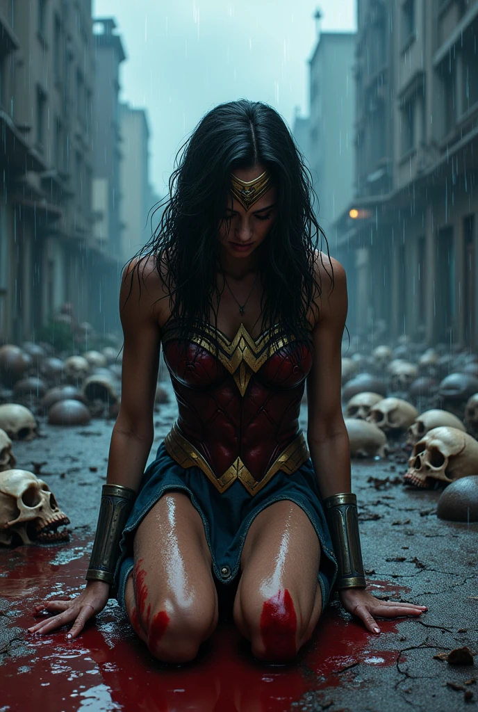 Wonder Woman kneeling, screaming, exhausted after a battle in a dark, apocalyptic, rainy city. Skulls in the blood, hair and body wet with blood. Strong and bloody images.