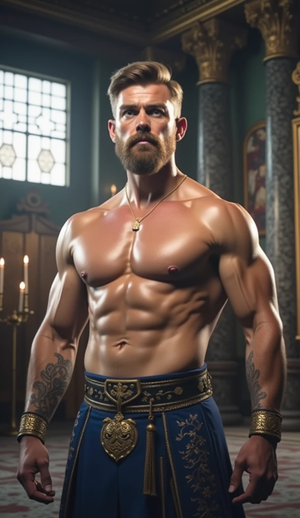 Imposing, strong, and handsome emperor with European features, fully clothed. 