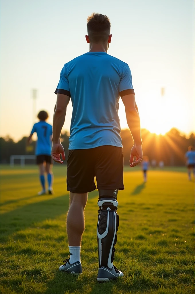 Soccer player wearing a light blue jersey and black pants with an orthopedic boot due to an ankle injury
