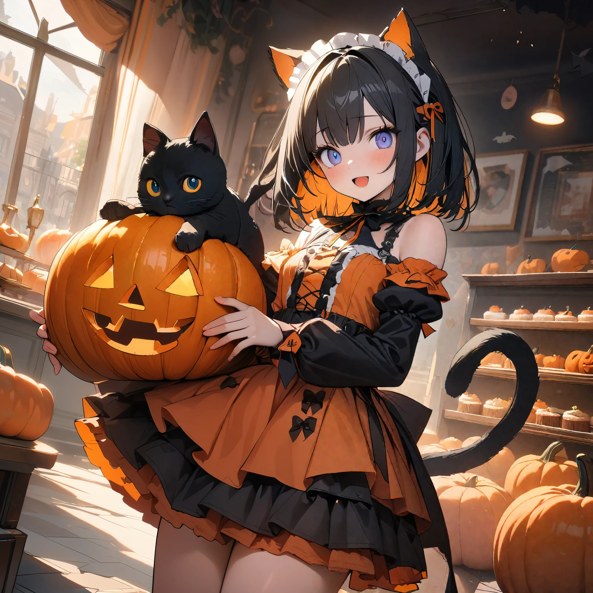 (8K, best quality, master piece: 1.2),super high resolution,1 idol,solo,,ultra-detailed face,detailed eyes,viole eyes,colored inner hair,medium bob,orange pumpkin,Cold-Shoulder Sleeves,orange Halloween dress, gothic fashion,pumpkin and ribbon maid headdress,:d,black Cat ears,blrak hair,Black cat tail,looking at viewer,Cowboy Shot,rim light,holding a Cake topped with lots of small pumpkins,indoors cake shop,highly detailed illustration,masterpiece,8K,top quality
