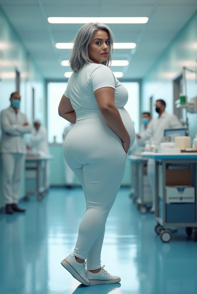 Nurse, extremely big ass, extremely wide hips, massive butt, thicc, titanic thighs, grey hair, white spandex, Caucasian, tall woman, Pawg woman, biggest butt, widest hips, thickest thighs, pear shaped