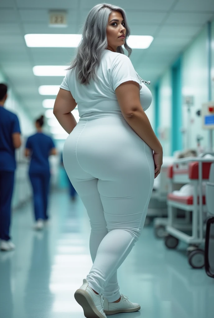 Nurse, extremely big ass, extremely wide hips, massive butt, thicc, titanic thighs, grey hair, white spandex, Caucasian, tall woman, Pawg woman, biggest butt, widest hips, thickest thighs, pear shaped, hands in hips, triumphant pose, facing front