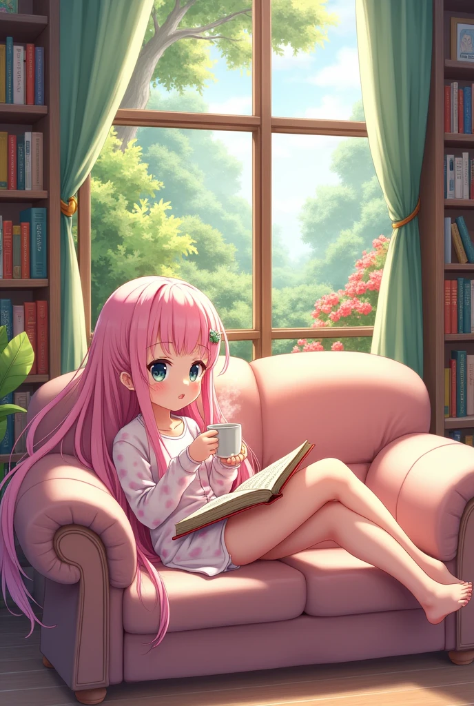Anime girl, drinking coffee and reading on a couch with her feet up in a beautiful living room with large book shelves and windows with nature in the back ground in anime style