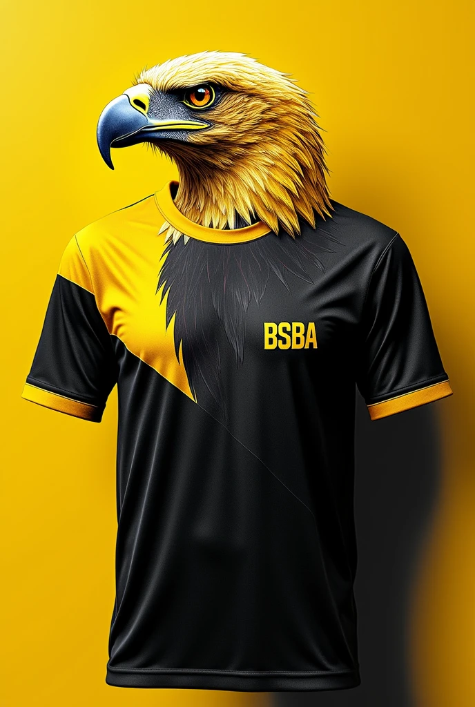 'first creat a" jersey shirt " were i can see the front with a color combination of half yellow and half black then put a tag name " BSBA " then drawing a Eagle behind the tag name only yellow and black color is used please a realistic one and fill the whole shirt of a head of a Eagle