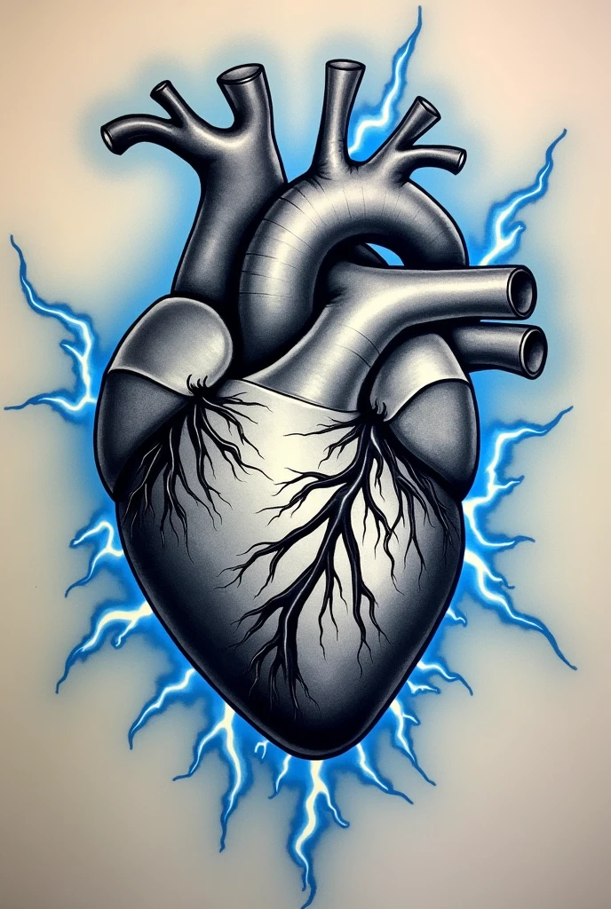 Real heart tattoo in black and white with blue electric rays