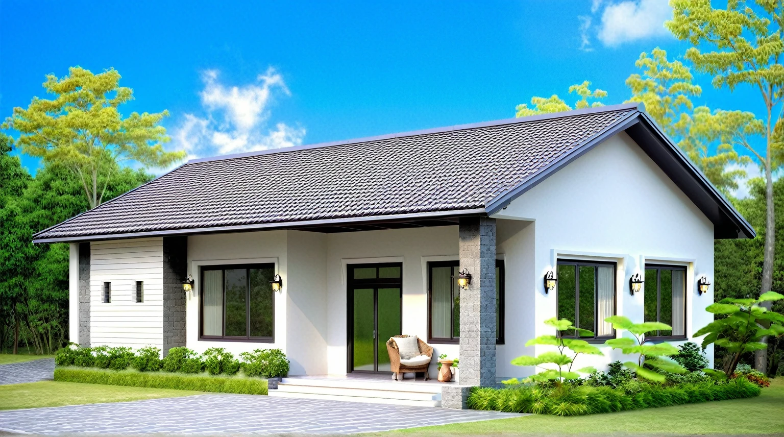 Raw photo,Masterpiece, high quality, best quality, authentic, super detail, exterior, outdoors, house style modern on the street,pavement, grass, trees, sky, cloud, (day:1.1), MIX WHITE AND Chocolate style color ; CHOCOLATE COLOR STYLE ROOF TILES, japanese roof style