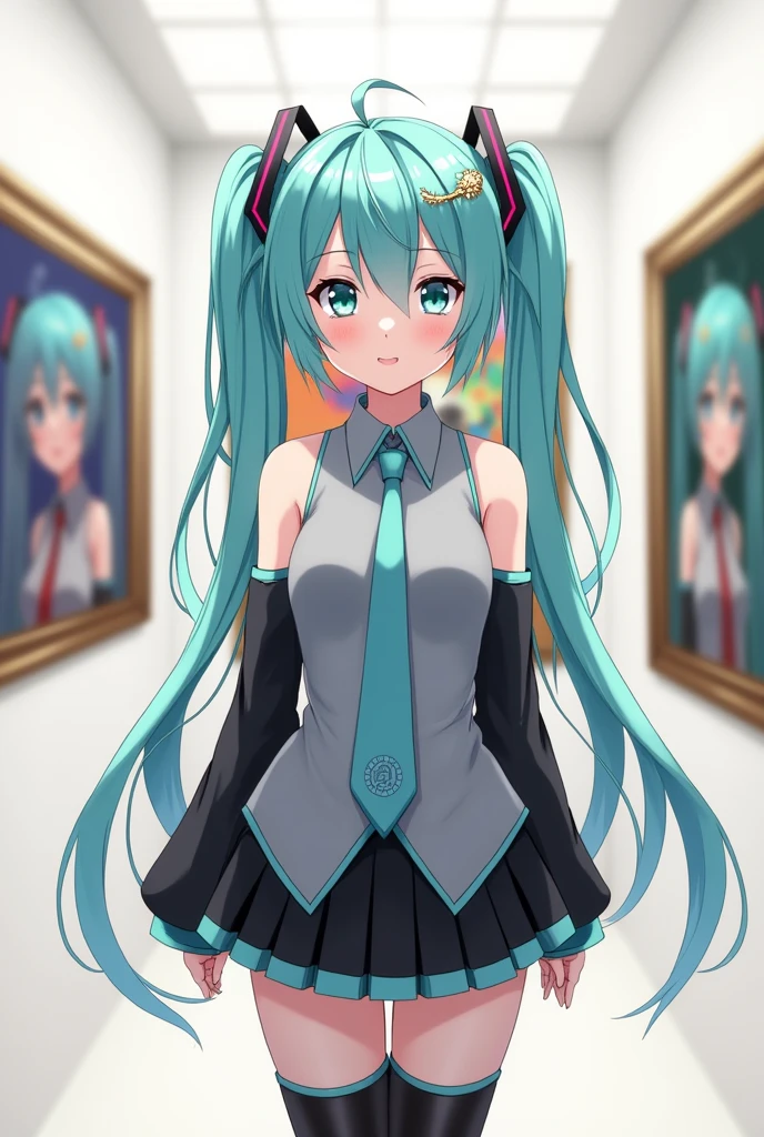 Anime art, anime style, detailed drawing, white background, high definition, high quality, one girl, solo, Miku Hatsune, aqua hair, twintails, head ornament, headphones, 01 (red number tattoo on the right hand), grey shirt, collared shirt, sleveless shirt, black sleeves (aqua line), detached sleeves, five fingers, aqua nails, aqua necktie, black skirt (aqua line), pleated skirt, mini skirt, zettai ryouiki, thigh boots, black thigh-high (aqua line)
Super fine art
Miku Hatsune walking in art gallery; she looks at the wall; there's a painting of her on the wall