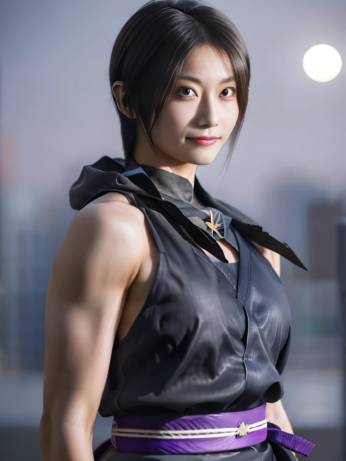20 year old Japanese beauty,One woman、Muscular body like a bodybuilder、Emphasize the breasts、Slit eyes、A head-to-toe view,Bust is very very large、Full moon night in the background、High quality photos、Clear, crisp images of the lower body、Masterpiece 8k、Smiling、He holds a shuriken in his right hand、From the front, from the side, from the back, etc.々from what camera angle to shoot、A ninja costume of purplish-red color