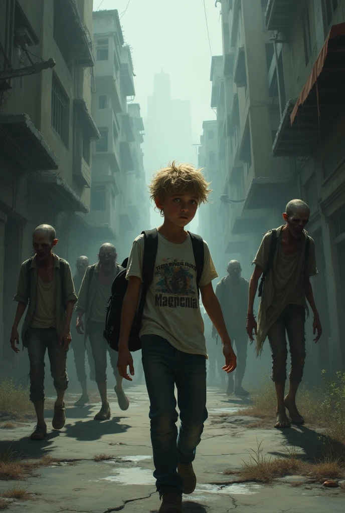 Make a dirty blonde teenage boy walking down the street with backpacks and some zombies behind him