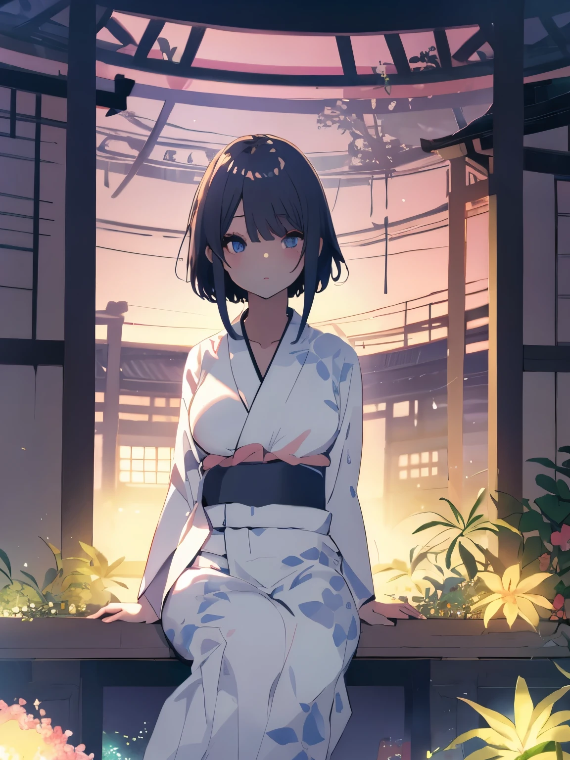 best quality, masterpiece, (独奏:1.4), (1 Female:1.4)、Adult women、Larger breasts、(Slender figure)、(sitting on the edge:1.5)、(Cool colored yukata:1.3)、(White highlight in pupil:1.2)、(Dark blue eyes)、(beautiful eyes)、(Black-haired:1.2)、(Tie your hair back:1.5)、(Blur the background to make the woman stand out:1.3)、(Simple Background)、(Summer Garden:1.3)、(Japanese Garden)、(Evening Garden)