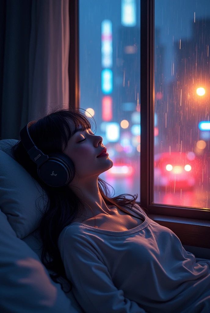night、Listen to music in a cozy room, Use headphones, 2D Style Anime,  Rain outside the window、Analog Color Theme、Ghibli style、neon, naked, completly naked, close, Detailed Background, Chill, Detailed outdoor, Detailed face, City lights, Long Hair, smile