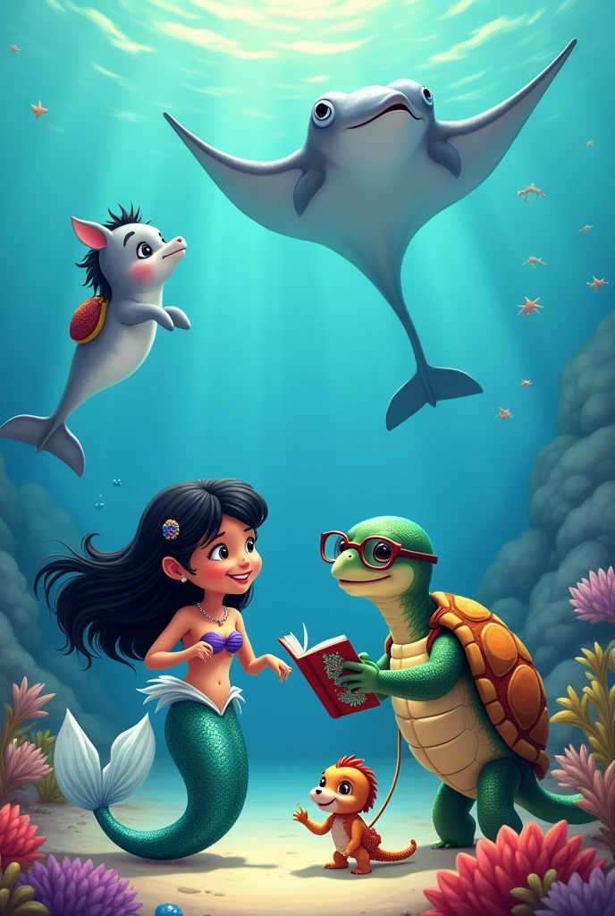 cartoon animation of a very cheerful little mermaid with black hair and a silver tail, cheerful next to a sea turtle with glasses and a book, including a small seahorse with a leash around its neck, a cheerful dolphin with a backpack on its back and behind it a large manta ray, Everyone is at the bottom of the sea