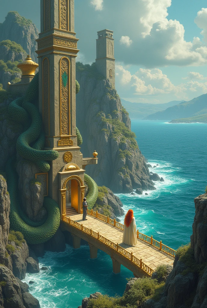 A massive ancient Norse divine sanctuary, a large golden bridge, a golden horn, In the middle of the ocean, a man with red hair and another man with short white hair, pale and delicate skin, are looking at each other, and a huge serpent is coiled around them.  