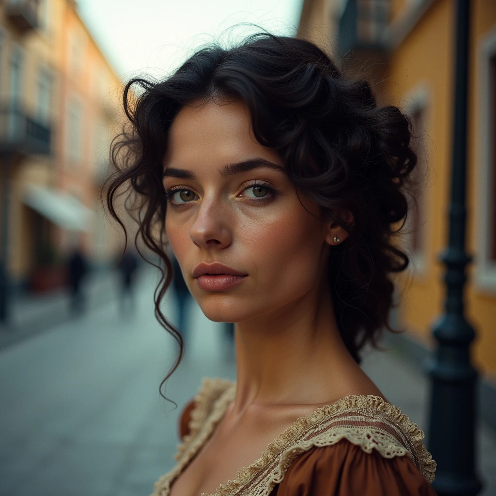 (a closeup of a beautiful  on a 19th century street in a vintage dress), (Serious:0.5), (Highly detailed face(a closeup of a beautiful  on a 19th century street in a vintage dress), (Serious:0.5), (Highly detailed face:1.4), ass pov, Nikon D850, film stock photograph, 4 Kodak Portra 400, camera f1.6 lens, saturated colors, hyper realistic, lifelike texture, dramatic lighting, Cinestill 800, 19th-century Victorian style, Evening, Vintage lighting, Medium curly hair